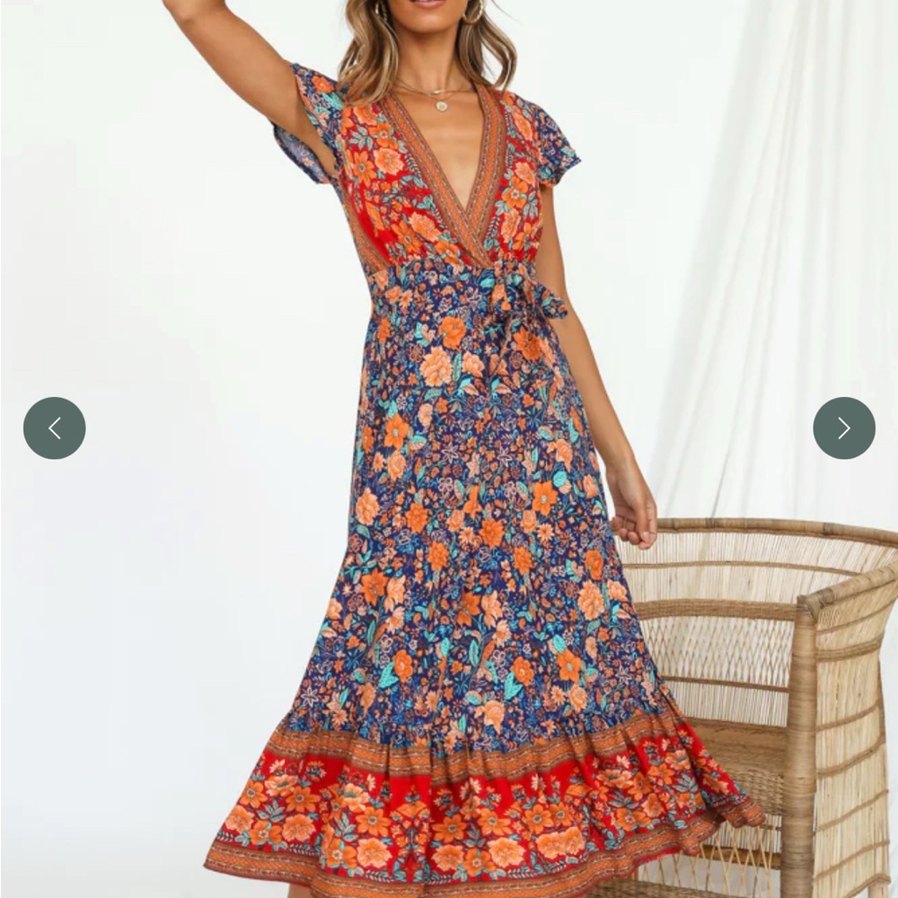 Fortunate One Brand Candid Wrap Midi Dress Navy Orange Floral - Size XS - NWT